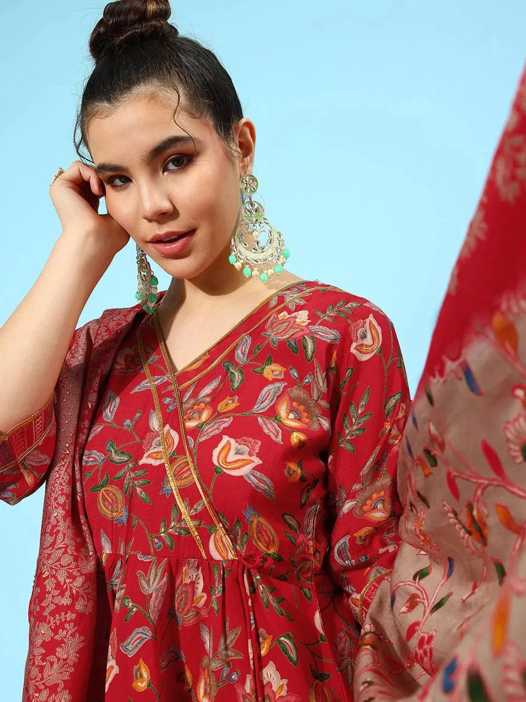 Red Printed Silk Blend Anarkali Suit With Dupatta