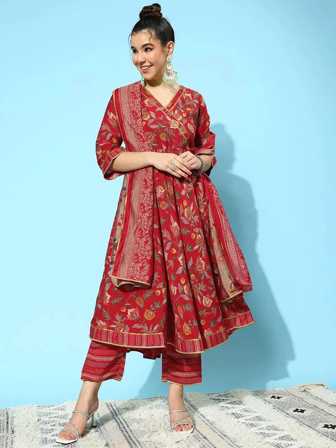 Red Printed Silk Blend Anarkali Suit With Dupatta