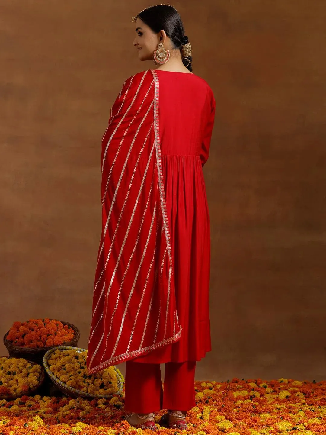 Red Solid Silk Blend A-Line Kurta With Trousers & Dupatta