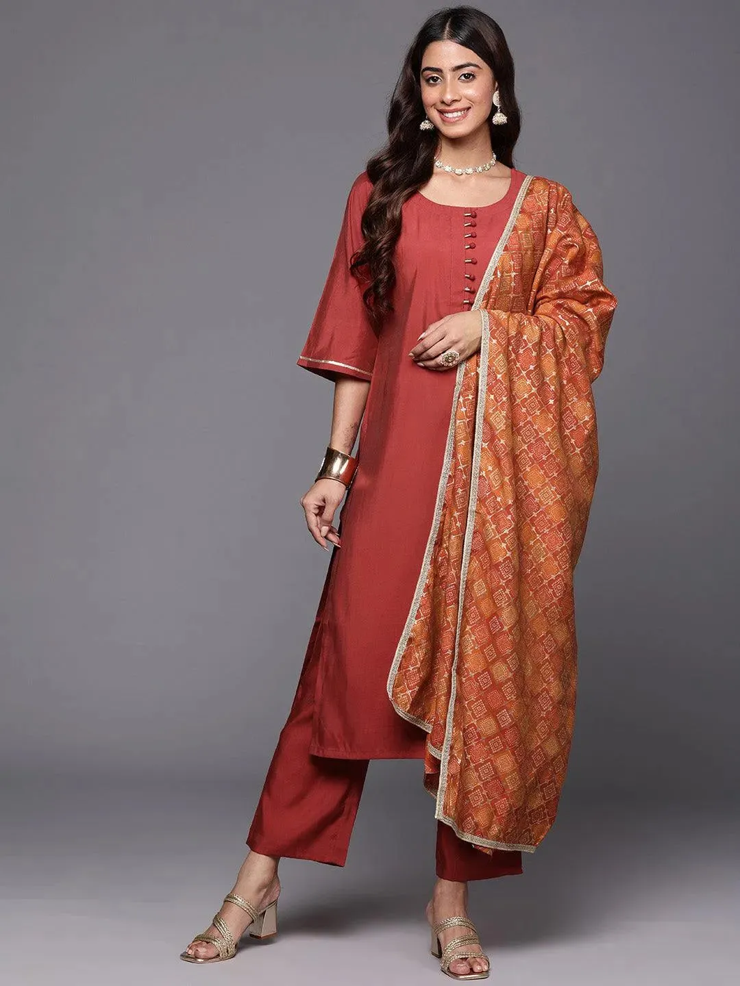 Rust Solid Silk Blend Straight Suit With Dupatta