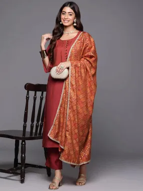 Rust Solid Silk Blend Straight Suit With Dupatta