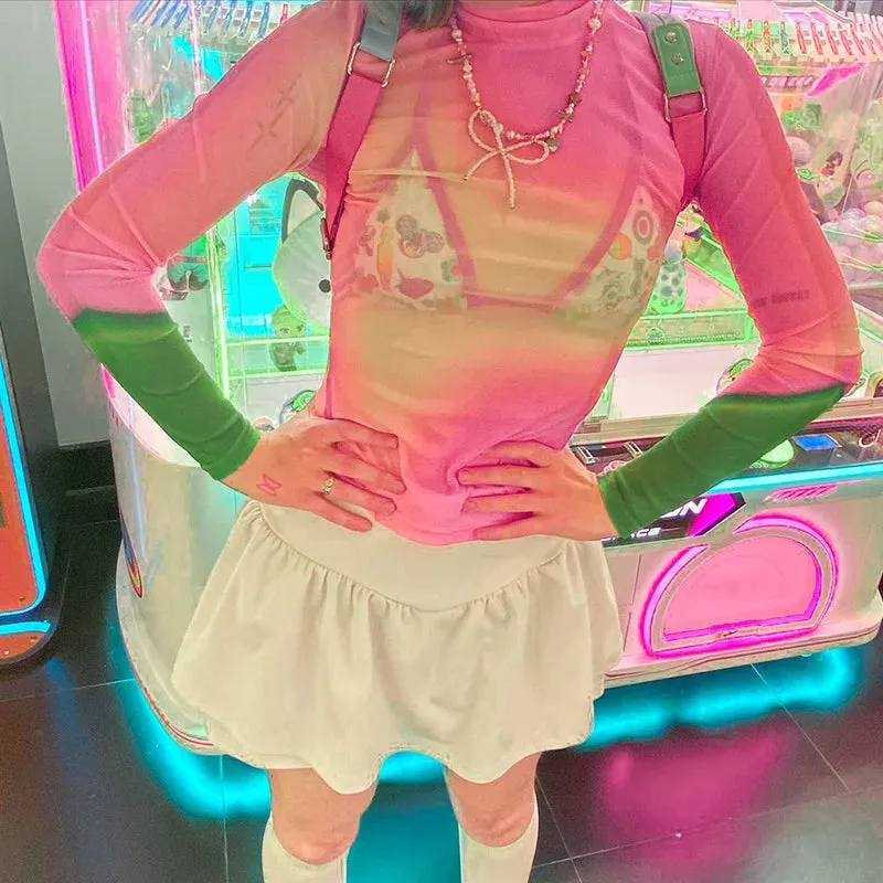 Shirt Street Sheer Sleeve Y2K Mesh Girls Slim Long Dye Crop Pullover New Beach Tie Colorful Fashion Top