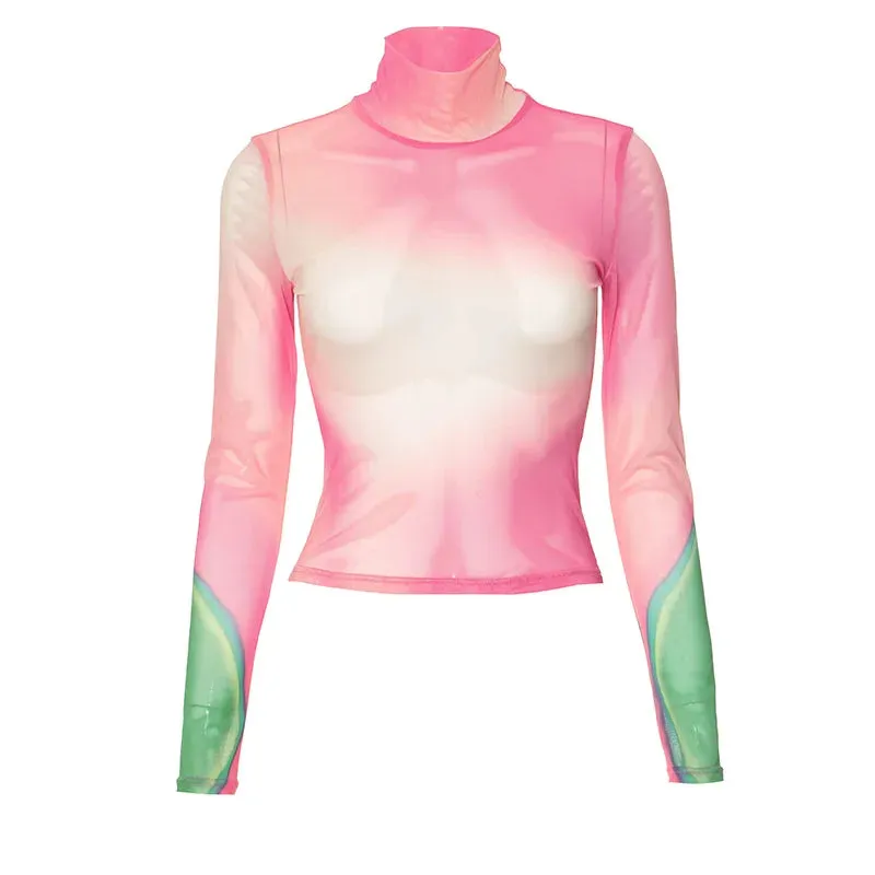 Shirt Street Sheer Sleeve Y2K Mesh Girls Slim Long Dye Crop Pullover New Beach Tie Colorful Fashion Top