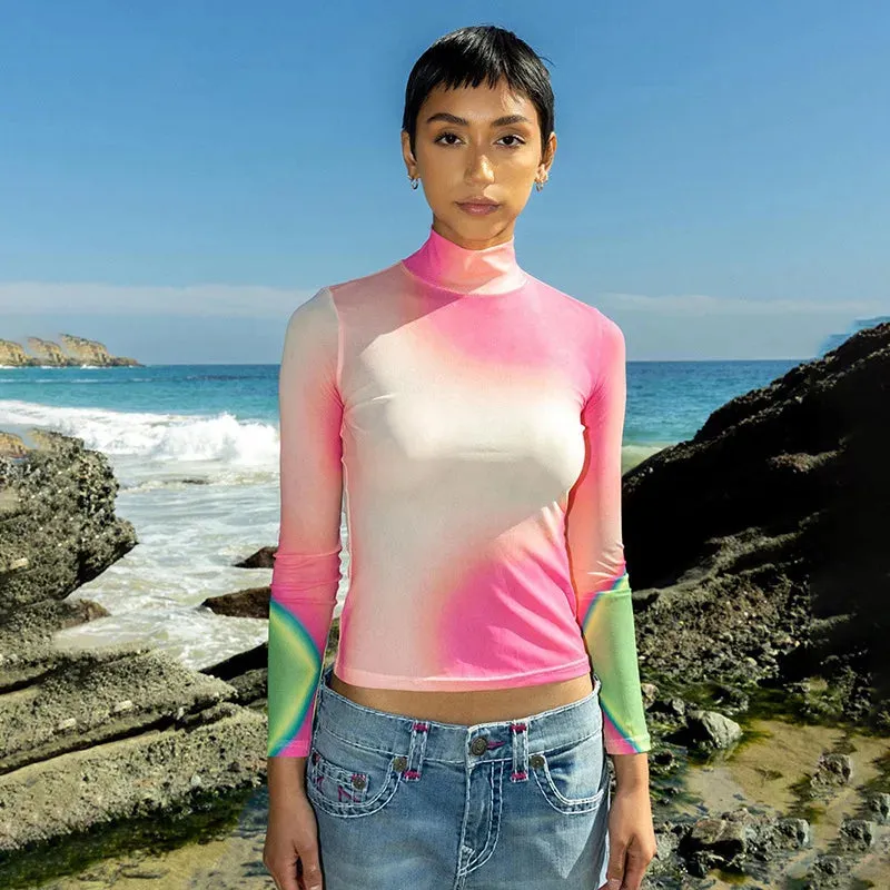Shirt Street Sheer Sleeve Y2K Mesh Girls Slim Long Dye Crop Pullover New Beach Tie Colorful Fashion Top