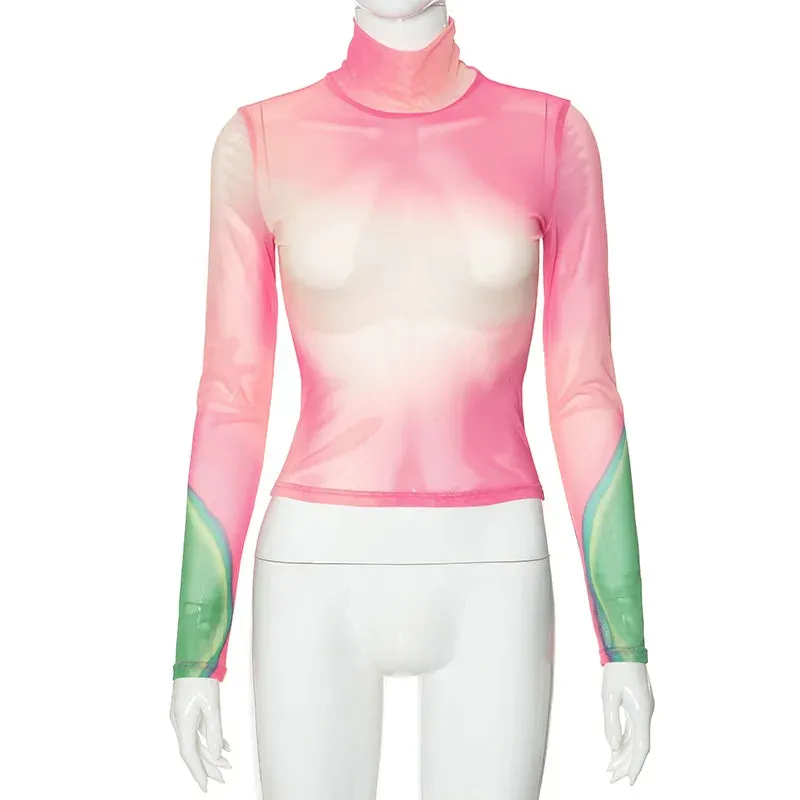 Shirt Street Sheer Sleeve Y2K Mesh Girls Slim Long Dye Crop Pullover New Beach Tie Colorful Fashion Top