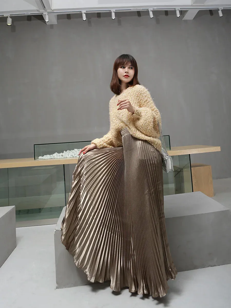 Silver Maxi Metal Flared Pleated High Waist Skirt