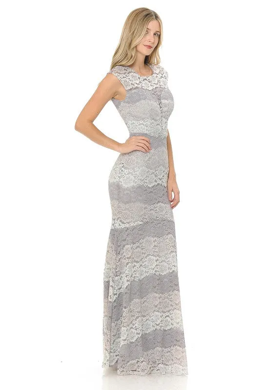 Silver/Grey Sheer Lace Sweetheart Color Block Formal Dress