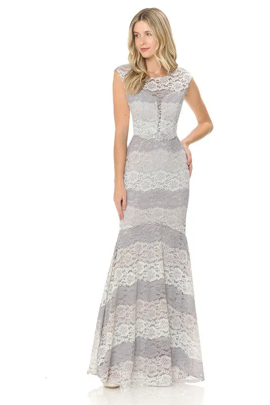 Silver/Grey Sheer Lace Sweetheart Color Block Formal Dress