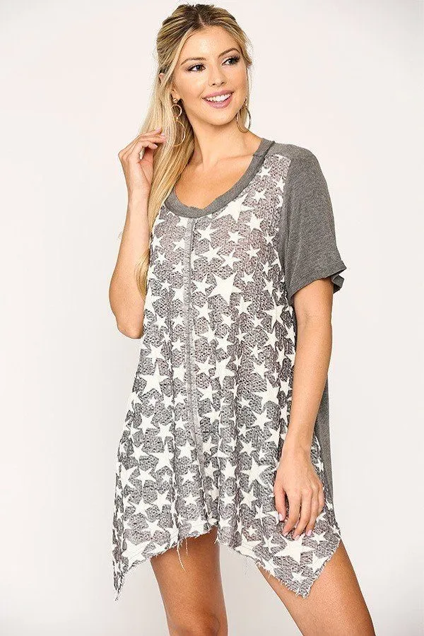 Star Textured Knit Mixed Tunic Top With Shark Bite Hem - 3 colors