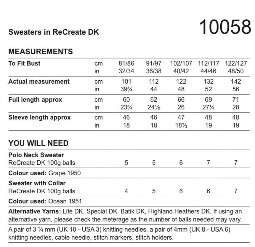 Stylecraft Recreate D/K Ladies Sweater Knitting Pattern 10058