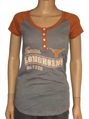Texas Longhorns Blue 84 Women Gray Orange Burn Out 4-Buttoned T-Shirt