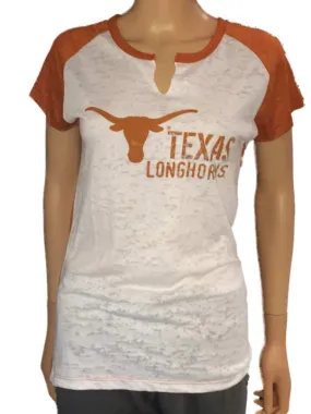 Texas Longhorns Blue 84 Women White Orange Back Burn Out V-Neck T-Shirt