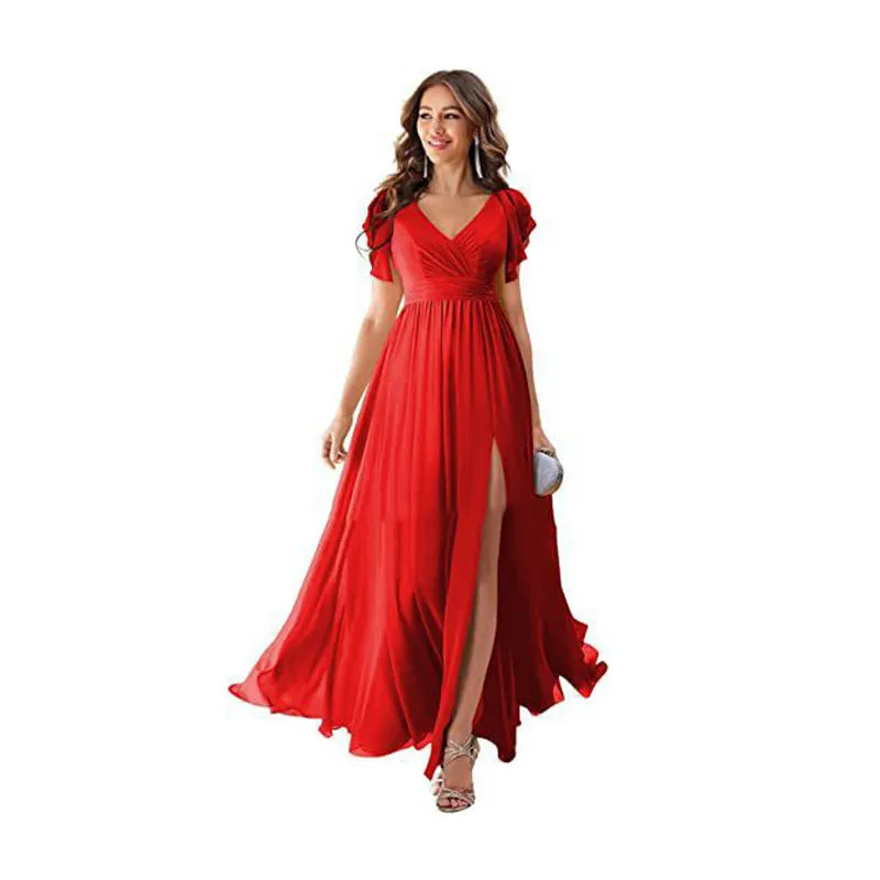 Wenkouban dress Ruffle Sleeve Slit Chiffon Bridal Shower Dress Long V-neck Formal Chiffon Maxi Dress Cocktail Party Evening Dress