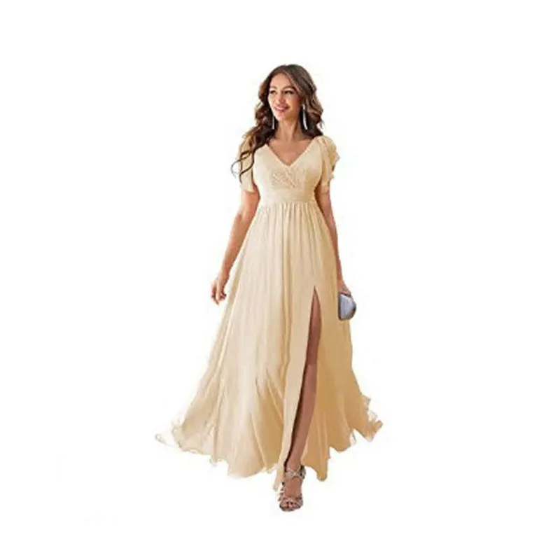 Wenkouban dress Ruffle Sleeve Slit Chiffon Bridal Shower Dress Long V-neck Formal Chiffon Maxi Dress Cocktail Party Evening Dress