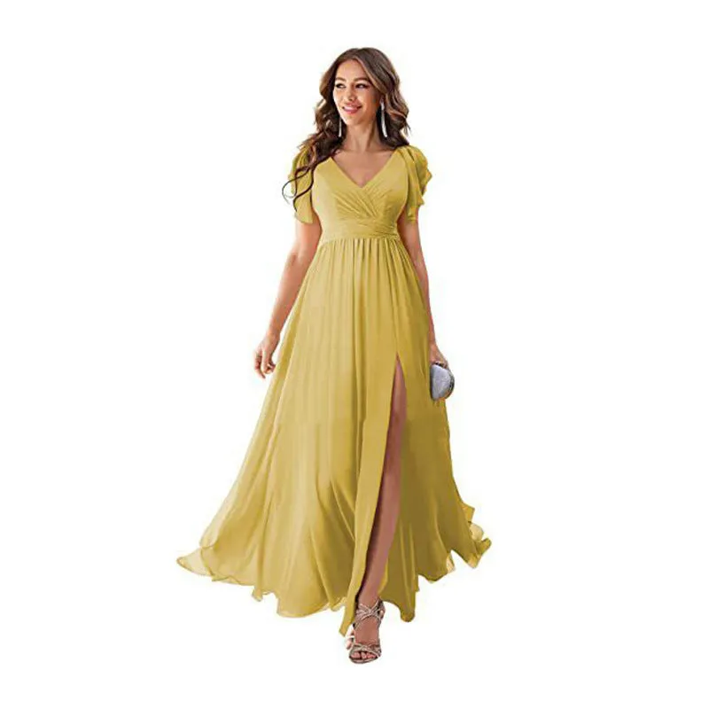 Wenkouban dress Ruffle Sleeve Slit Chiffon Bridal Shower Dress Long V-neck Formal Chiffon Maxi Dress Cocktail Party Evening Dress