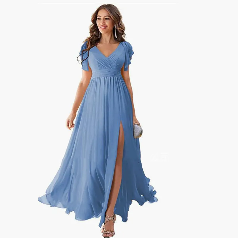 Wenkouban dress Ruffle Sleeve Slit Chiffon Bridal Shower Dress Long V-neck Formal Chiffon Maxi Dress Cocktail Party Evening Dress