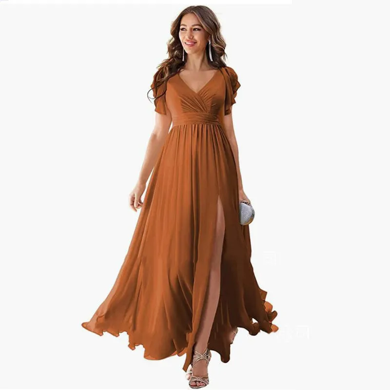 Wenkouban dress Ruffle Sleeve Slit Chiffon Bridal Shower Dress Long V-neck Formal Chiffon Maxi Dress Cocktail Party Evening Dress