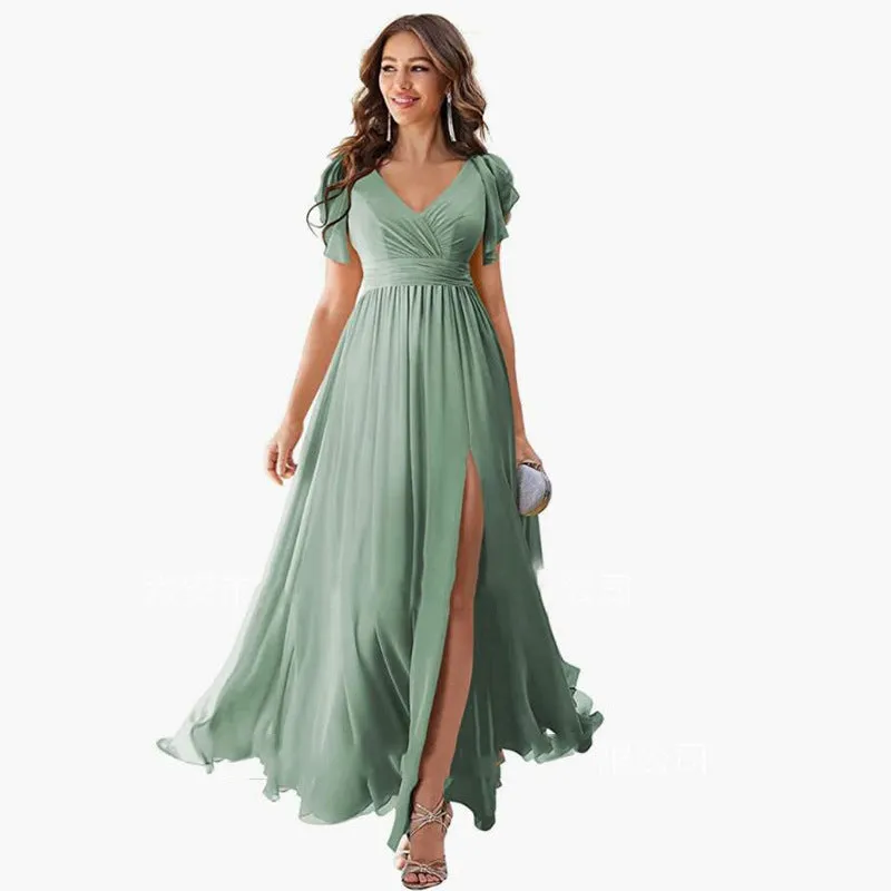 Wenkouban dress Ruffle Sleeve Slit Chiffon Bridal Shower Dress Long V-neck Formal Chiffon Maxi Dress Cocktail Party Evening Dress