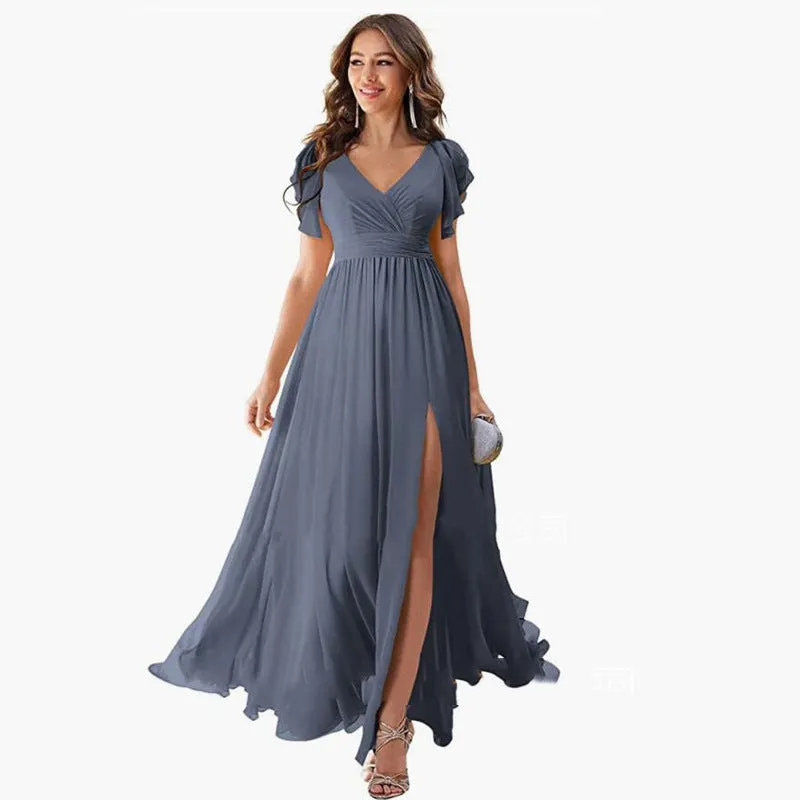Wenkouban dress Ruffle Sleeve Slit Chiffon Bridal Shower Dress Long V-neck Formal Chiffon Maxi Dress Cocktail Party Evening Dress