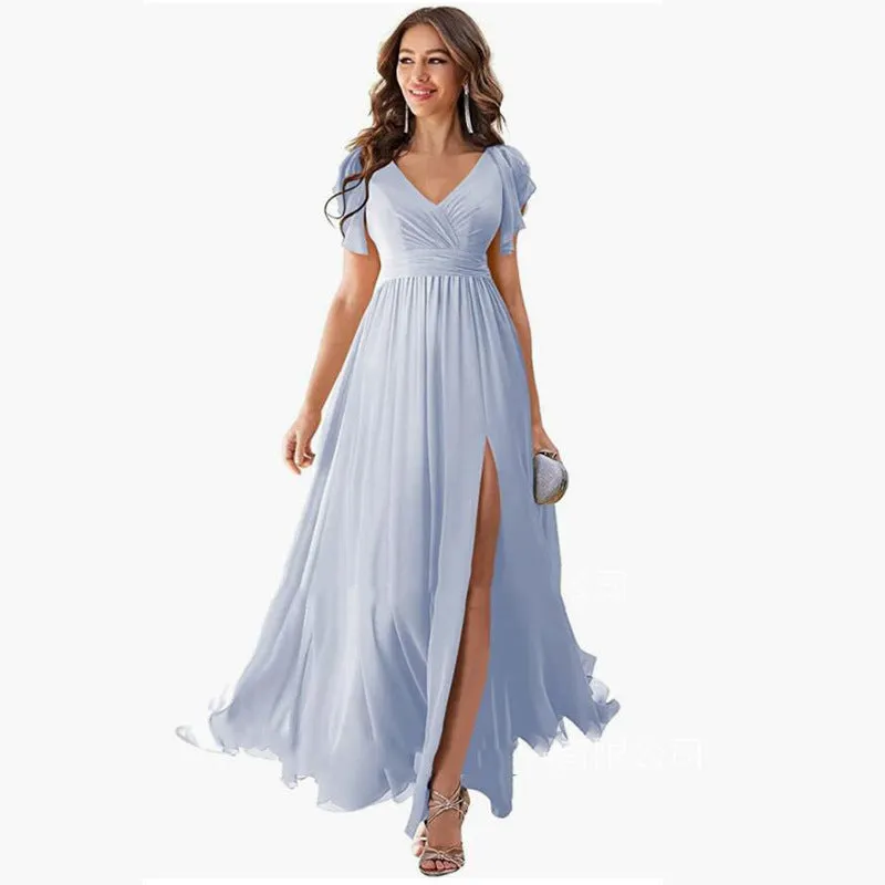 Wenkouban dress Ruffle Sleeve Slit Chiffon Bridal Shower Dress Long V-neck Formal Chiffon Maxi Dress Cocktail Party Evening Dress