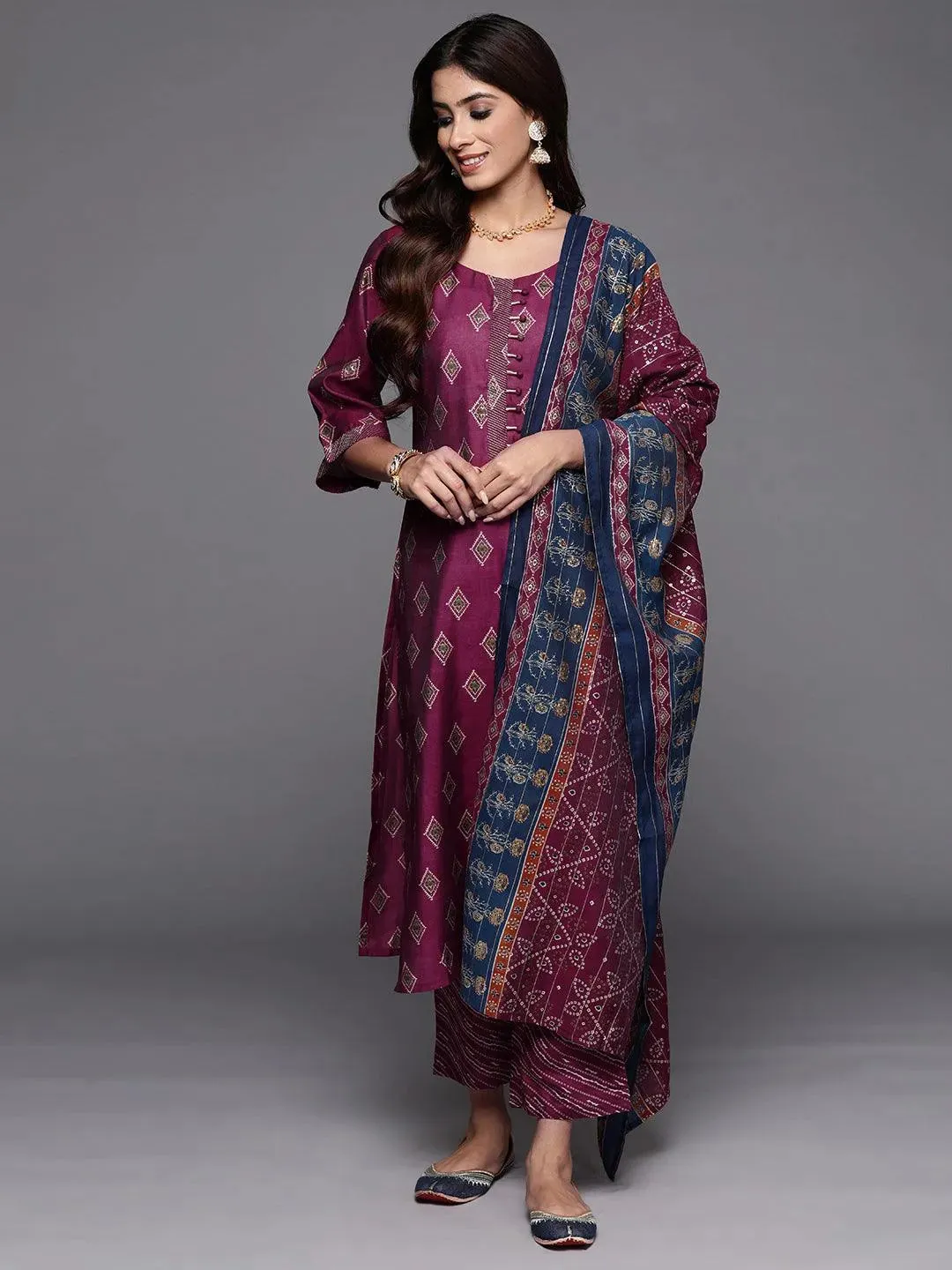Wine Printed Silk Blend Straight Suit With Dupatta