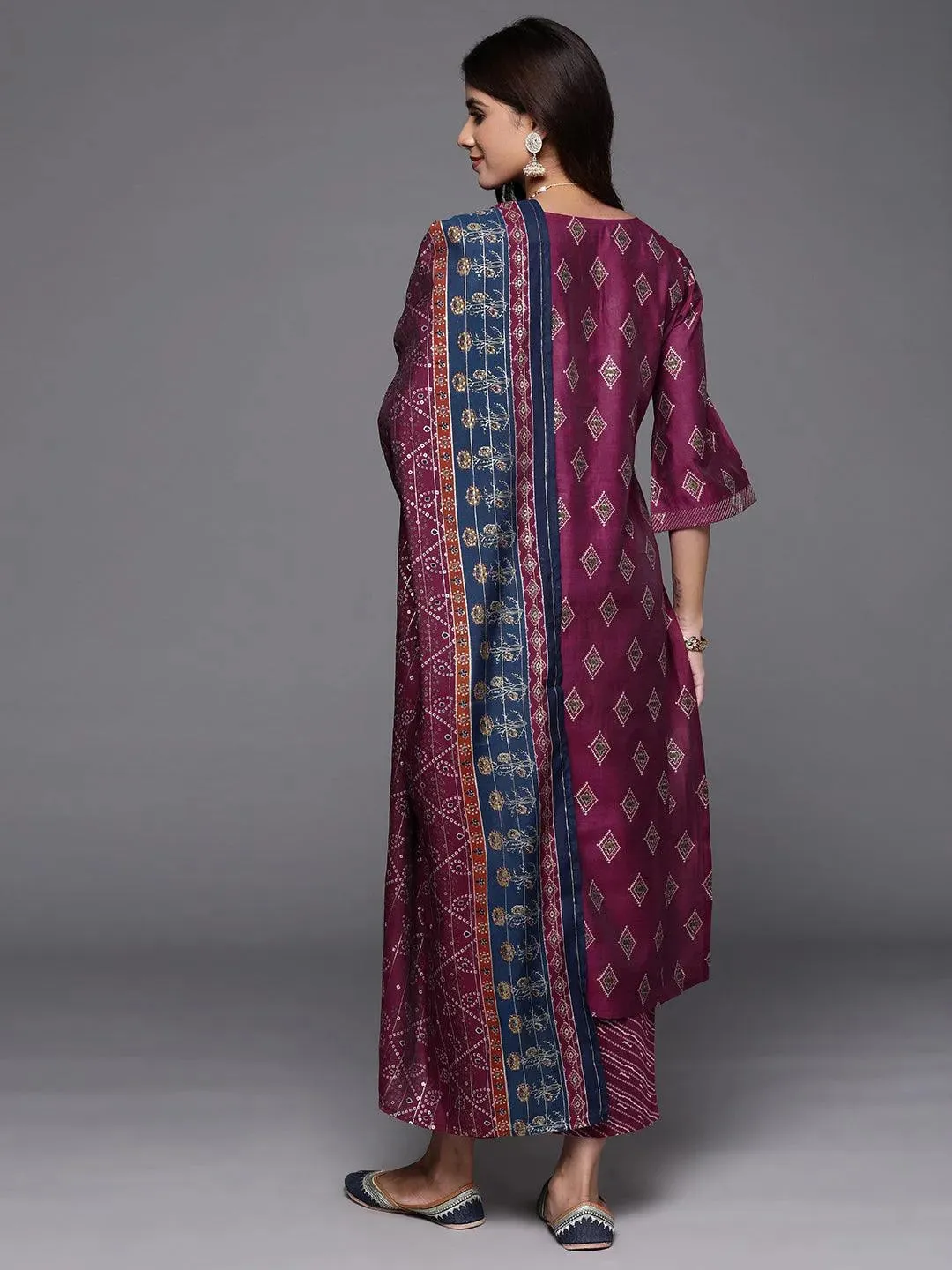 Wine Printed Silk Blend Straight Suit With Dupatta