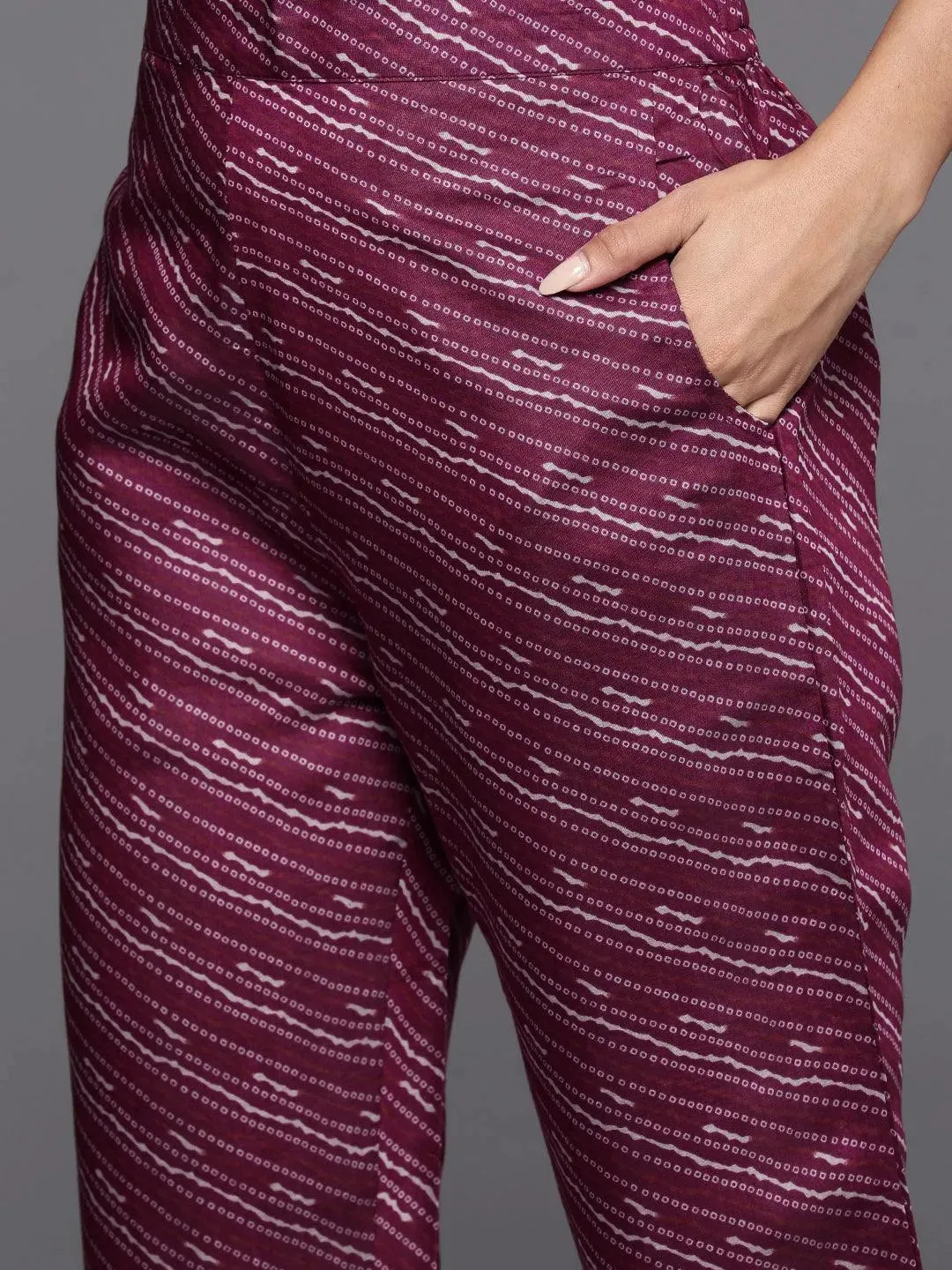 Wine Printed Silk Blend Straight Suit With Dupatta