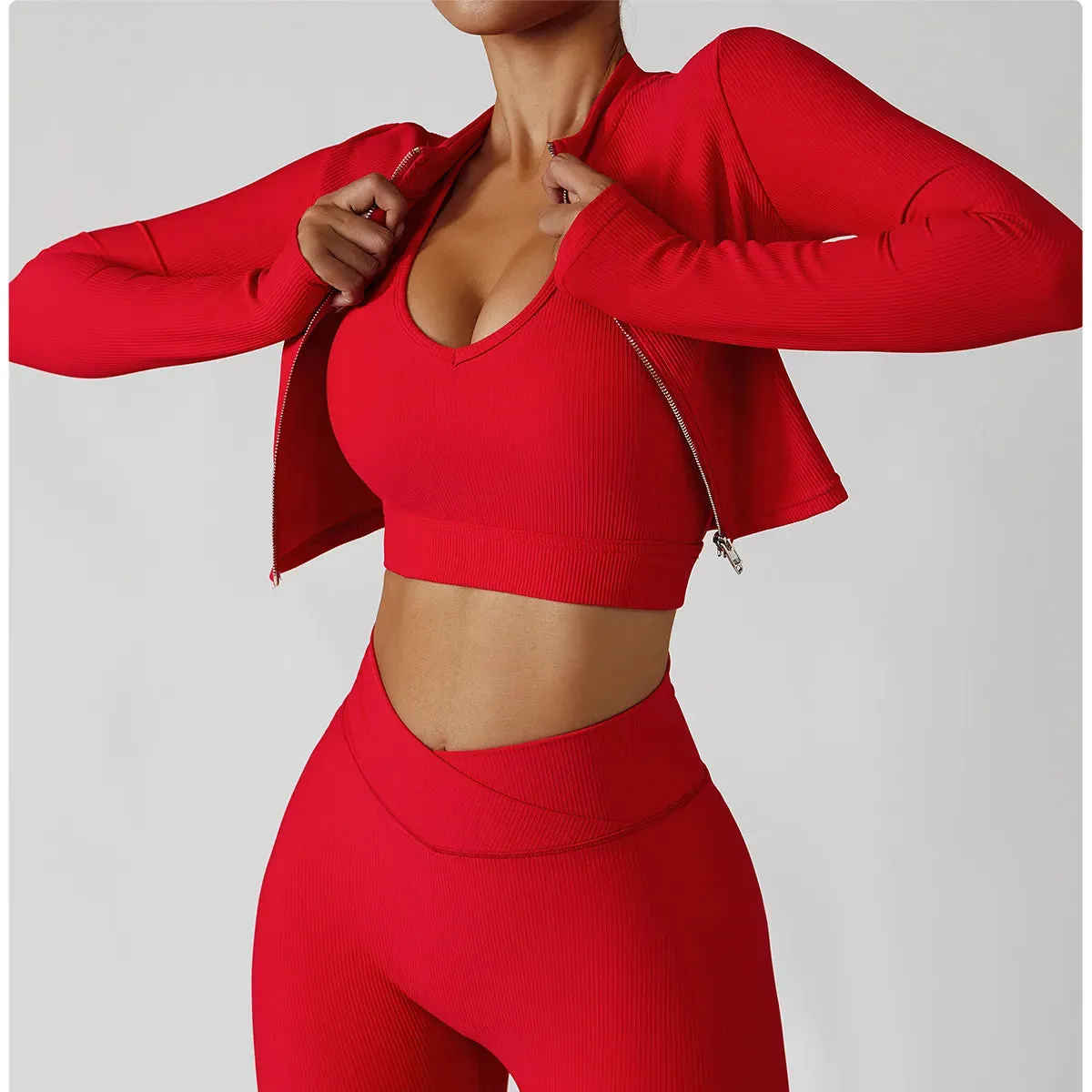 Women's Tracksuit 3 Piece Set - Red Blue and Pink Ribbed Sportswear for Fitness