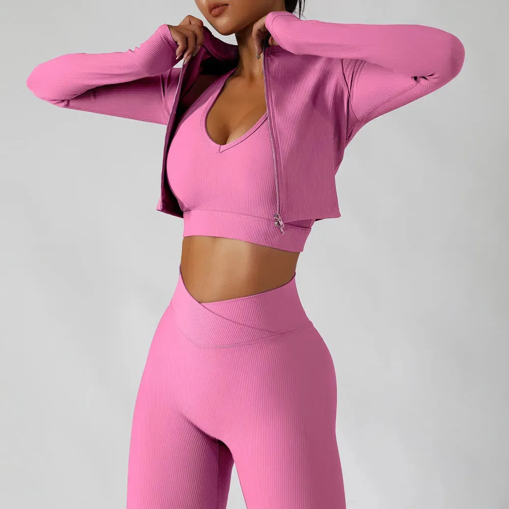 Women's Tracksuit 3 Piece Set - Red Blue and Pink Ribbed Sportswear for Fitness