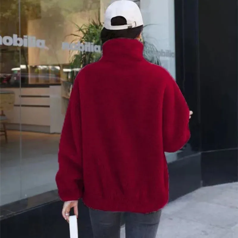 Women's Winter Coral Fleece Warm Jacket – Stand Collar, Thick Plush Overcoat with Zipper & Pockets
