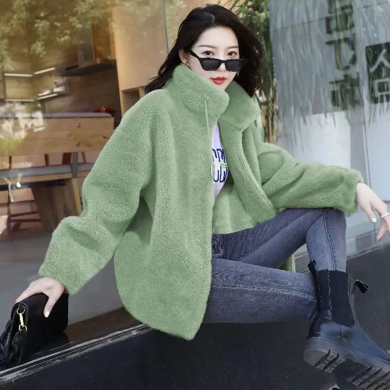 Women's Winter Coral Fleece Warm Jacket – Stand Collar, Thick Plush Overcoat with Zipper & Pockets